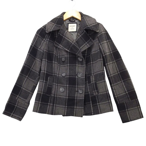 Old Navy Womens Pea Coat XSmall Plaid Gray Black Double Breasted Jacket - Picture 1 of 7